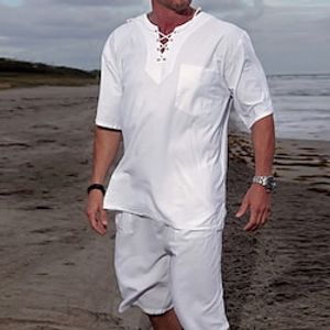 Men's Shirt Tops Solid Colored V Neck Street Casual Daily Short Sleeve Fashion Streetwear Cool White Summer Shirt Beach Vacation Comfortable Shirts Only Lightinthebox