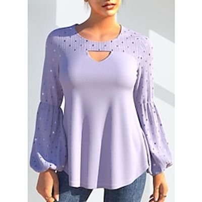 Women's Shirt Blouse Polka Dot Sparkly Purple Print Sequins Cut Out Long Sleeve Party Casual Fashion Round Neck Regular Fit Lantern Sleeve Spring   Fall Lightinthebox