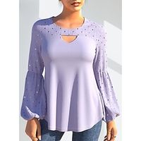 Women's Shirt Blouse Polka Dot Sparkly Purple Print Sequins Cut Out Long Sleeve Party Casual Fashion Round Neck Regular Fit Lantern Sleeve Spring   Fall Lightinthebox - thumbnail
