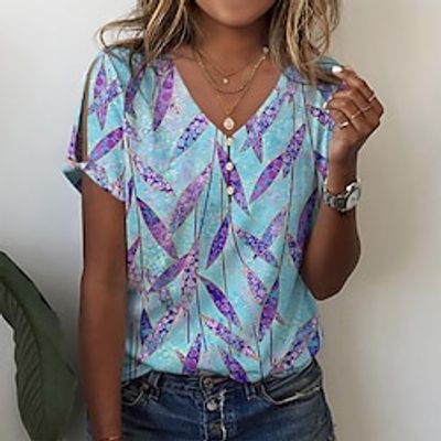 Women's T shirt Tee Pink Blue Purple Graphic Button Cut Out Short Sleeve Daily Weekend Basic V Neck Regular Painting S Lightinthebox