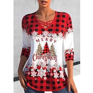 Christmas Shirt Women's T shirt Tee Leopard Plaid Snowflake Red Print Long Sleeve Christmas Weekend Festival  Holiday V Neck Regular Fit Spring   Fall Lightinthebox