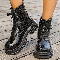 Women's Boots Motorcycle Boots Plus Size Outdoor Daily Solid Color Booties Ankle Boots Lace-up Flat Heel Round Toe Casual Comfort Minimalism Faux Leather Zipper Black miniinthebox