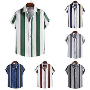 Men's Button Up Shirt Casual Shirt Stripe Turndown Brown Green Deep Blue khaki Light Grey Street Vacation Short Sleeves Button-Down Clothing Apparel Fashion Casual Classic Lightinthebox