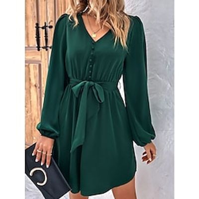 Women's Casual Dress A Line Dress Plain Dress Mini Dress Lace up Button Street Date Streetwear V Neck Long Sleeve Loose Fit Black Wine Navy Blue Color S M L Size Lightinthebox