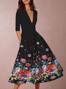 Deep V-Neck Floral Printed Skater Dress