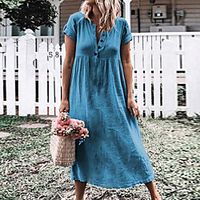 Women's A Line Dress Midi Dress Blue Yellow Army Green Short Sleeve Solid Color Summer Round Neck Elegant 2021 S M L XL XXL 3XL 4XL 5XL Lightinthebox - thumbnail