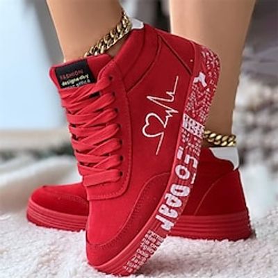 Men's Women's Sneakers Plus Size High Top Sneakers Daily Booties Ankle Boots Embroidery Flat Heel Round Toe Casual Minimalism Running Walking Faux Suede Lace-up Solid Color Black  White Black  Red Lightinthebox
