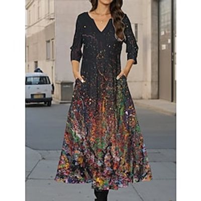 Women's Casual Dress A Line Dress Ombre Print Pocket Split Neck Midi Dress Fashion Streetwear Outdoor Daily Half Sleeve Regular Fit Red Blue Gold Fall Winter S M L XL XXL Lightinthebox