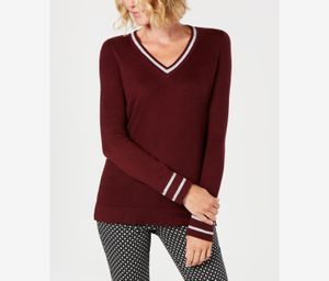 Womens Petite Striped-Trim Sweater  Marooned