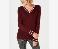 Womens Petite Striped-Trim Sweater  Marooned - thumbnail