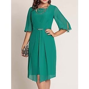 Sheath  Column Mother of the Bride Dress Wedding Guest Party Elegant Petite Scoop Neck Knee Length Chiffon Half Sleeve with Pleats Crystal Brooch 2023 Lightinthebox