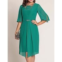Sheath  Column Mother of the Bride Dress Wedding Guest Party Elegant Petite Scoop Neck Knee Length Chiffon Half Sleeve with Pleats Crystal Brooch 2023 Lightinthebox - thumbnail