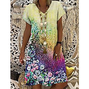 Women's T Shirt Dress Tee Dress Knee Length Dress Yellow Short Sleeve Floral Print Print Spring Summer V Neck Casual 2021 S M L XL XXL 3XL Lightinthebox