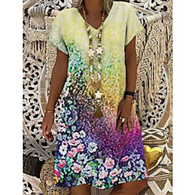 Women's T Shirt Dress Tee Dress Knee Length Dress Yellow Short Sleeve Floral Print Print Spring Summer V Neck Casual 2021 S M L XL XXL 3XL Lightinthebox