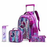 Eazy Kids - 18 Set Of 4 Trolley School Bag With Glitter 550Ml Water Bottle Lunch Bag & Pencil Case - Mermaid Purple