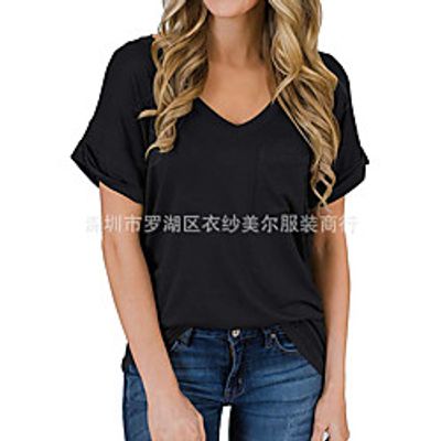 amazon wish eaby 2021 spring and summer new women's breast pocket v-neck short-sleeved loose t-shirt Lightinthebox