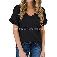 amazon wish eaby 2021 spring and summer new women's breast pocket v-neck short-sleeved loose t-shirt Lightinthebox - thumbnail