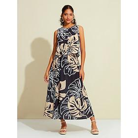 Palm Leaf Print Round Neck Sleeveless TankSkirt Set