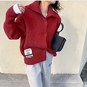 Women's Cardigan Modern Style Solid Color Active Casual Cotton Long Sleeve Loose Sweater Cardigans Fold-over Collar Fall Winter Blue Blushing Pink khaki  Holiday Lightinthebox