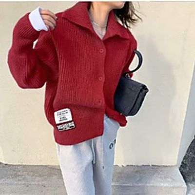 Women's Cardigan Modern Style Solid Color Active Casual Cotton Long Sleeve Loose Sweater Cardigans Fold-over Collar Fall Winter Blue Blushing Pink khaki  Holiday Lightinthebox