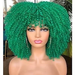 Green Afro Wigs Hair Short Curly Afro Wig With Bangs for Black Women Kinky Curly Hair Wig Afro Synthetic Full Wigs Lightinthebox