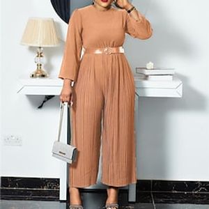 Women's Plus Size Jumpsuit Pleated Solid Color Basic Casual Casual Daily High Full Length Fall Winter Yellow khaki L XL XXL 3XL  Cotton Blend Lightinthebox