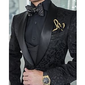 Black Men's Prom Wedding Party Tuxedos 3 Piece Shawl Collar Floral Jacquard Tailored Fit Single Breasted One-button 2023 Lightinthebox