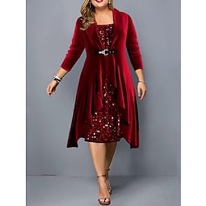 Women's Plus Size Two Piece Dress Set Velvet Dress Party Dress Party Christmas Fashion Modern Patchwork Sequin Midi Dress Square Neck 34 Length Sleeve Plain Regular Fit Burgundy Fall Winter L XL XXL Lightinthebox