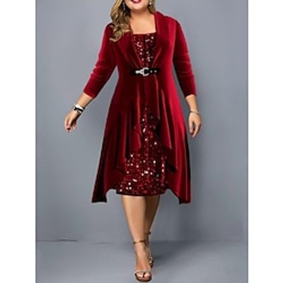 Women's Plus Size Two Piece Dress Set Velvet Dress Party Dress Party Christmas Fashion Modern Patchwork Sequin Midi Dress Square Neck 34 Length Sleeve Plain Regular Fit Burgundy Fall Winter L XL XXL Lightinthebox