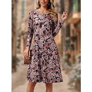 Women's Casual Dress T Shirt Dress Tee Dress Winter Dress Floral Pocket Print Crew Neck Midi Dress Fashion Streetwear Outdoor Daily Long Sleeve Regular Fit Purple Fall Winter S M L XL XXL Lightinthebox