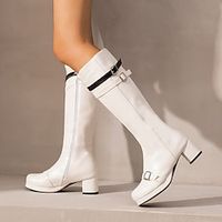 Women's Boots Knee High Boots Buckle Chunky Heel Round Toe Minimalism Daily PU Leather Zipper Fall Winter Color Block White Black Green miniinthebox - thumbnail