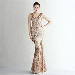 Mermaid  Trumpet Evening Gown Sparkle  Shine Dress Formal Floor Length Short Sleeve V Neck Sequined with Sequin Slit 2023 Lightinthebox