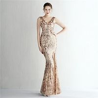 Mermaid  Trumpet Evening Gown Sparkle  Shine Dress Formal Floor Length Short Sleeve V Neck Sequined with Sequin Slit 2023 Lightinthebox - thumbnail