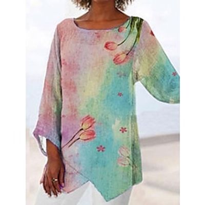 Women's Shirt Blouse Pink Red Blue Floral Asymmetric Print Long Sleeve Casual Holiday Basic Round Neck Long Floral S miniinthebox