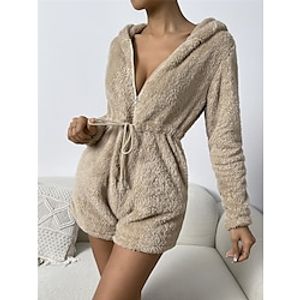 Women's Pajamas Bodysuits Pure Color Fashion Casual Soft Home Daily Bed Polyester Breathable Hoodie Long Sleeve Pocket Fall Winter Beige Lightinthebox