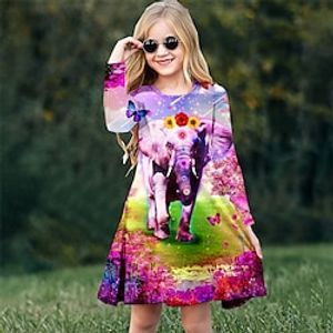 Kids Girls' Dress Animal Floral Elephant Casual Dress Above Knee Dress Casual Crewneck Crew Neck Long Sleeve Adorable Dress 3-10 Years Winter Purple Lightinthebox