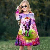Kids Girls' Dress Animal Floral Elephant Casual Dress Above Knee Dress Casual Crewneck Crew Neck Long Sleeve Adorable Dress 3-10 Years Winter Purple Lightinthebox - thumbnail