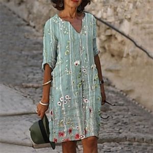 Women's Casual Dress Shift Dress Midi Dress Green Khaki Half Sleeve Floral Print Fall Spring Autumn V Neck 2022 S M L XL XXL 3XL Lightinthebox