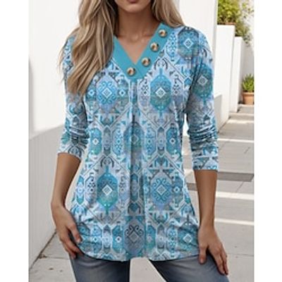 Women's T shirt Tee Tribal Red Blue Print Button Long Sleeve Daily Weekend Ethnic V Neck Regular Fit Spring   Fall Lightinthebox