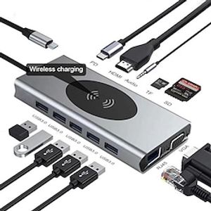 13 IN 1 USB C HUB Adapter with Wireless Charging USB C To HDMI 3.5mm Jack Audio SD TF HDMI VGA RJ45 USB3.0 Docking Station for MacbookPRO Lightinthebox