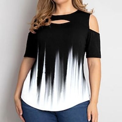 Women's Plus Size Tops T shirt Tee Color Gradient Cut Out Print Short Sleeve Crewneck Streetwear Daily Going out Polyester Spring Summer Black Lightinthebox