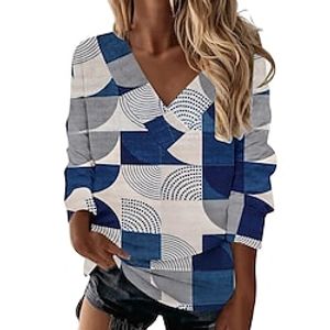 Women's Blouse Shirt Blue Khaki Orange Geometric Print Long Sleeve Holiday Weekend Streetwear Ethnic V Neck Regular Geometric S  3D Print Lightinthebox