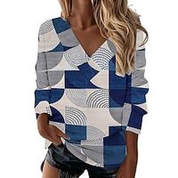 Women's Blouse Shirt Blue Khaki Orange Geometric Print Long Sleeve Holiday Weekend Streetwear Ethnic V Neck Regular Geometric S  3D Print Lightinthebox - thumbnail