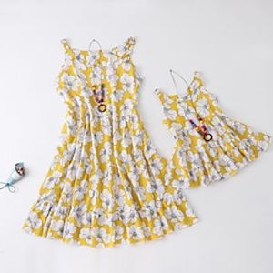 Mommy and Me Dresses Floral Print Yellow Sleeveless Knee-length Strap Dress 3D Print Sweet Matching Outfits miniinthebox