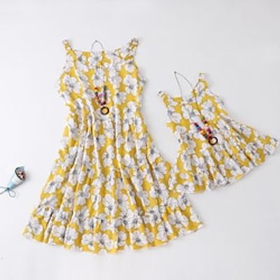 Mommy and Me Dresses Floral Print Yellow Sleeveless Knee-length Strap Dress 3D Print Sweet Matching Outfits miniinthebox