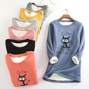 Women's Hoodie Sweatshirt Sherpa Fleece Teddy Yellow Pink Red Cat I'm Fine Everything Is Fine Dailywear Round Neck Plus Size Long Sleeve Fleece miniinthebox