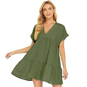 Summer short sleeved new women's clothing large hem loose casual short skirt V-neck solid color dress Lightinthebox