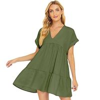 Summer short sleeved new women's clothing large hem loose casual short skirt V-neck solid color dress Lightinthebox