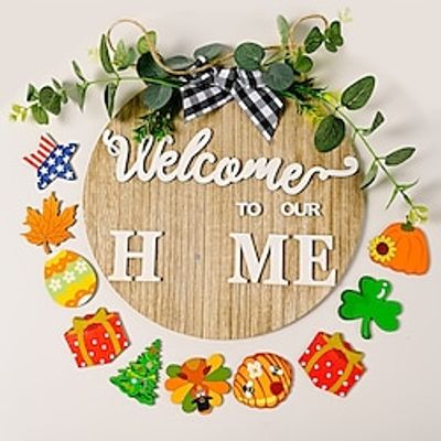 1pc, Interchangeable Seasonal Palque, Welcome Sign Front Door Decoration,Rustic Round Wood Wreaths Wall Hanging Outdoor, Fall Winter Seasonal Door Decor, Themed Wedding Birthday Anniversary Party Supp miniinthebox