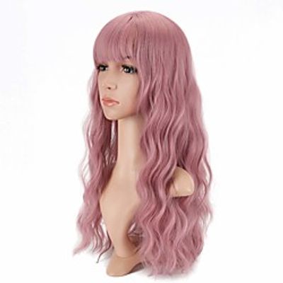 Synthetic Wig Deep Wave Neat Bang Wig Medium Length Pink Synthetic Hair Women's Cosplay Party Fashion Pink Lightinthebox